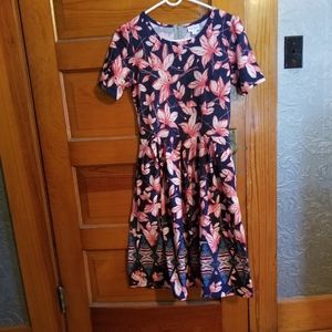 LuLaRoe Amelia. Blue background w/pink flowers. M.